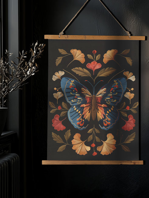 Ancient sunsets meet twilight waters in this captivating botanical symphony of light and shadow. This extraordinary wall hanging showcases a majestic sapphire butterfly adorned with vibrant coral and golden accents, framed by a harmonious arrangement of amber and coral ginkgo leaves against midnight velvet. The intricate 3D print replicates the dimensional quality of fine embroidery, each golden vein and azure wing rendered with museum-quality precision. A breathtaking centerpiece for entryways, reading noo